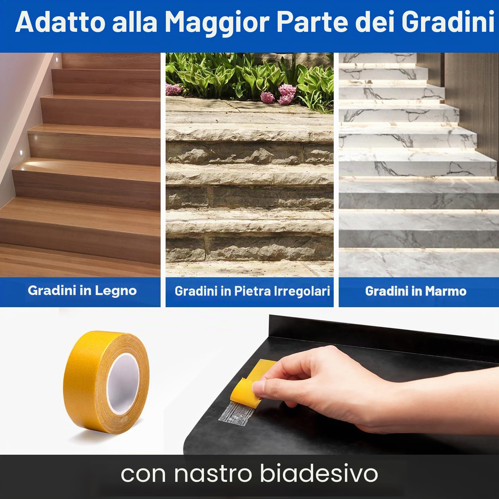 Spurtar Set da 3 Gradini Antiscivolo in Gomma Sintetica, Strisce per Scale Interni/Esterni, Ideali per Scale in Legno, Marmo e Pietra, 76×25 cm