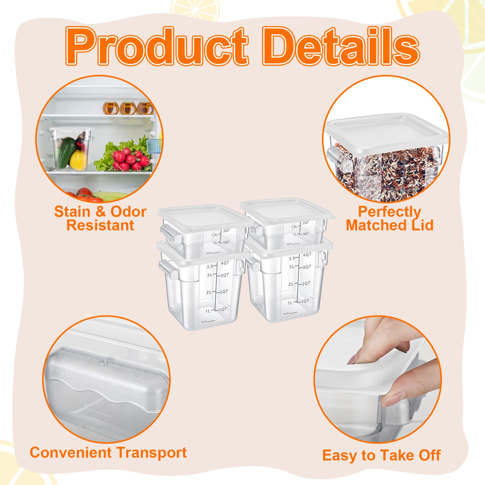 Lallisa Set 4 Contenitori Alimentari Quadrati In Policarbonato Con Coperchi - 8Qt E 4Qt - Ermetici Per Cucina