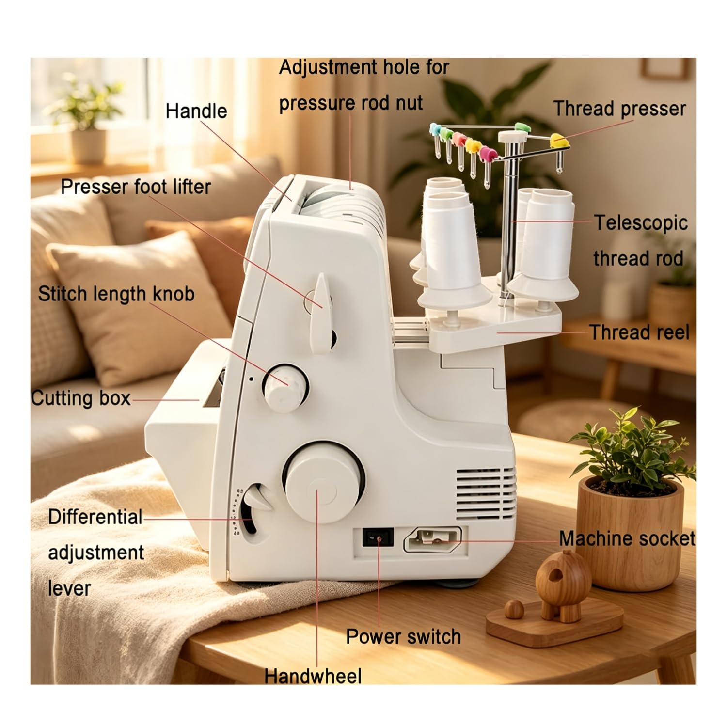 Overlock Serger Overlock Machine z 2-3-4-5 ściegami, pułapką wykończeniową, zatrzaskowymi nóżkami i światłem LED, idealna dla początkujących i profesjonalistów