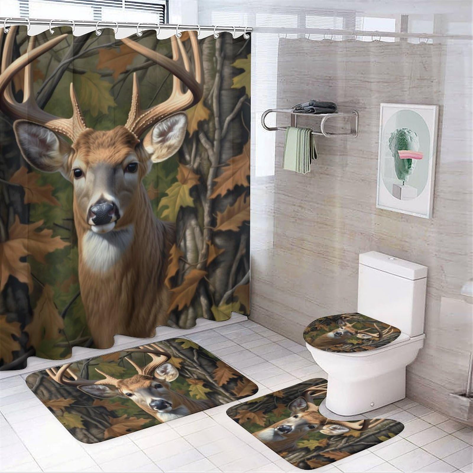Camo Buck Deer Woodland 4 Pcs Bathroom Shower Curtain Set,Bathroom Sets with Rugs (Bath Mat,U Shape and Toilet Lid Cover Mat), Bathroom Decor Set,