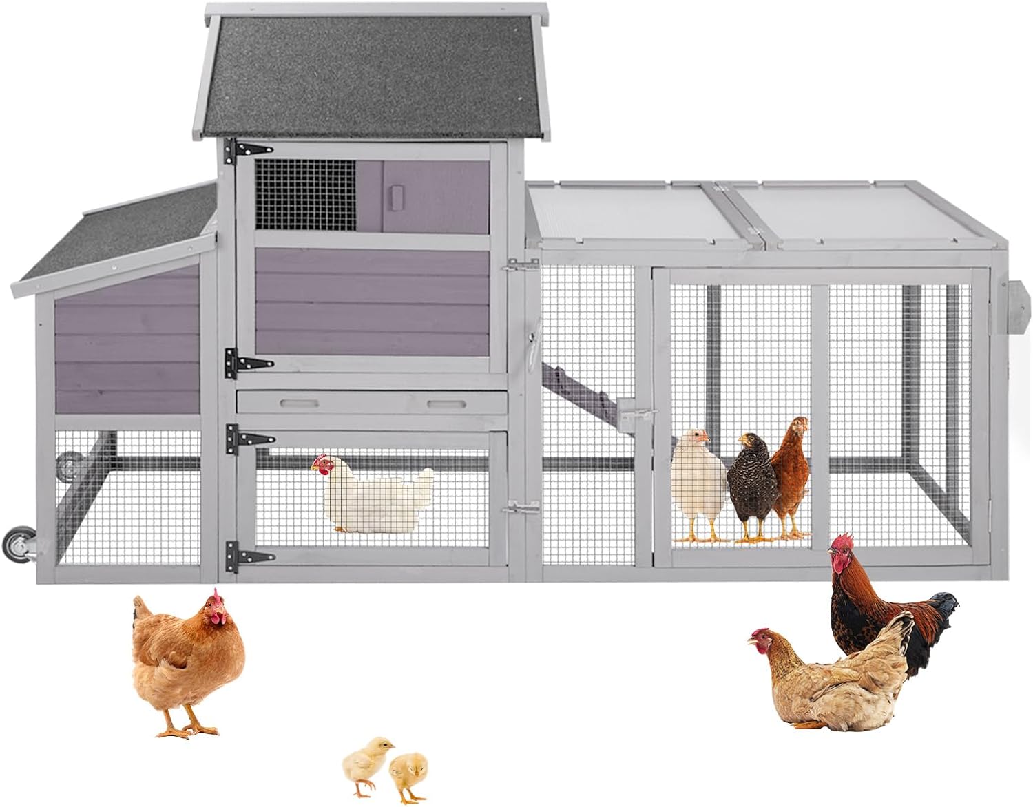 Aivituvin Durable Mobile Chicken Coop with Wheels, Waterproof Asphalt Roof, Steel & Cedar Wood Frame, Large Nesting Box, Predator-Proof, Removable Tray, Two-Level Chicken House for 4–6 Chickens
