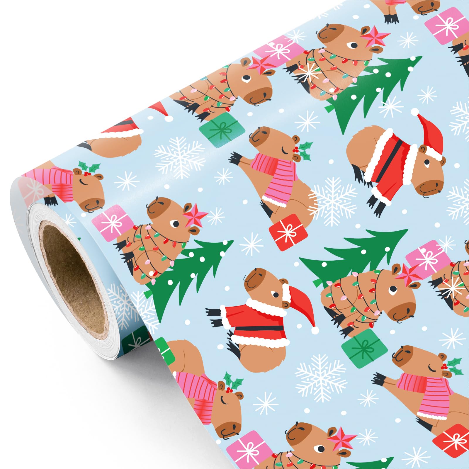 RUSPEPA Capybara Christmas Wrapping Paper - Mini Roll - 43.2cm x 5m - Light Blue Capybara Wrapping Paper with Christmas Tree & Gifts for Girls Boys Kids, Xmas, Winter Season — image 1