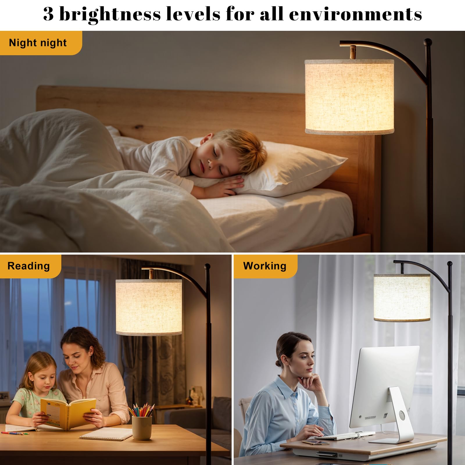 Stehlampe Wohnzimmer, Moderne Stehleuchte mit 3 Farbtemperaturen, LED Standleuchte Hoch mit Verstellbarem Leinenschirm, Stehlampe Vintage für Wohnzimmer Schlafzimmer Büro (Birne Enthalten)