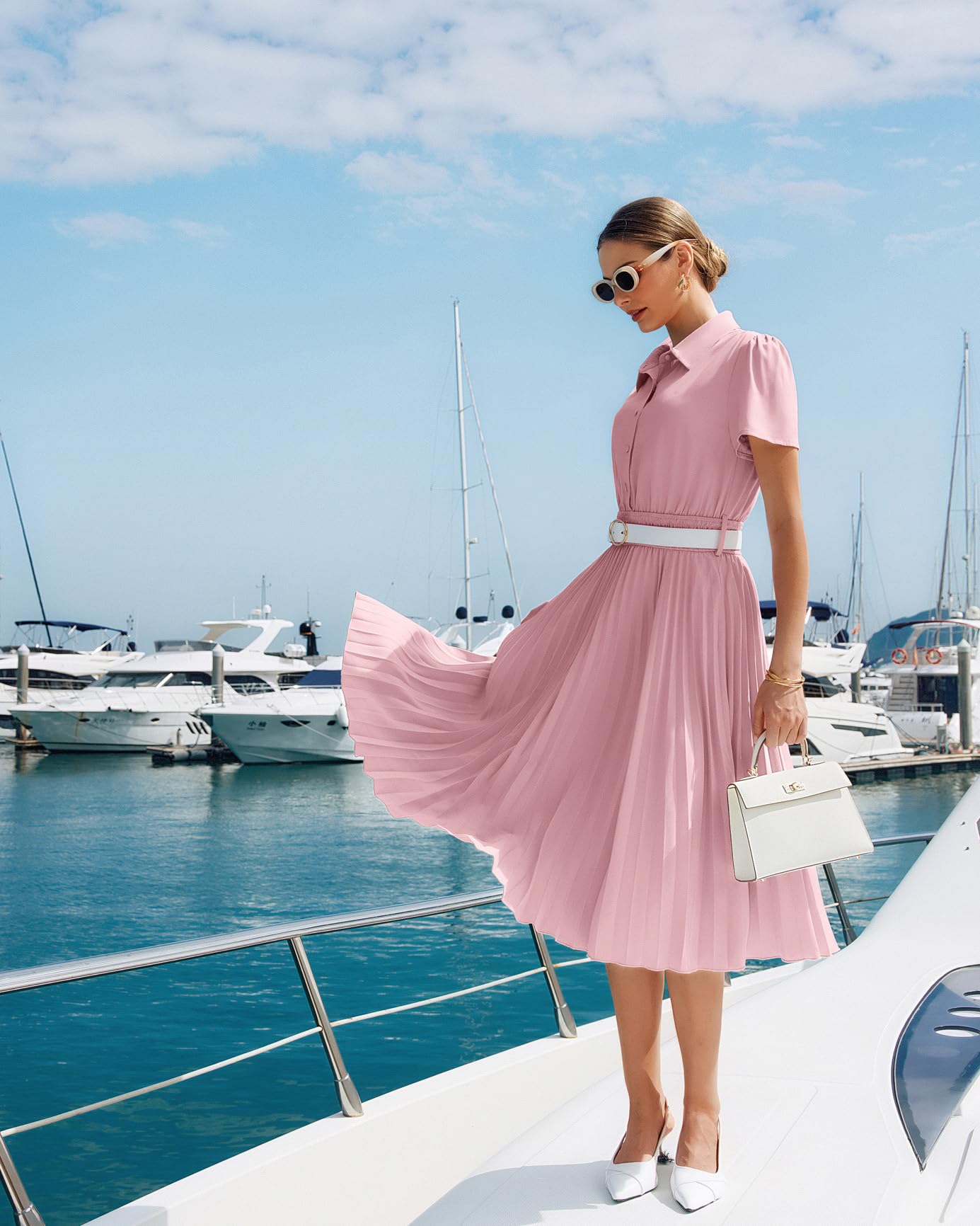 GRACE KARIN Vestido de verano para mujer, estilo casual, con cuello de camisa, manga corta y cinturón, vestido midi con fruncido