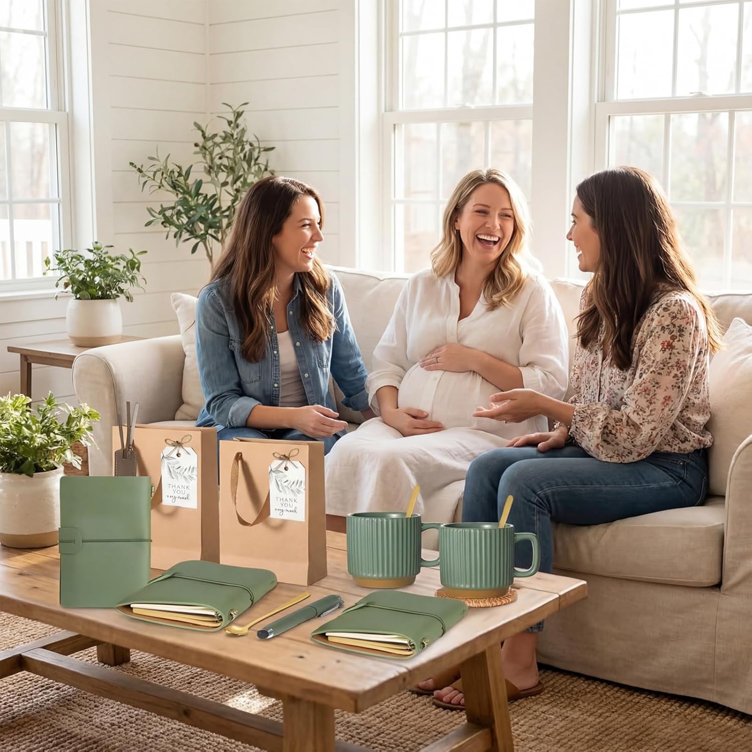 6 Sets Kraft Baby Shower Prizes for Game Winners Party Favor Gifts for Guests Ceramic Mugs Spoons Woven Coasters PU Notebooks Bookmarks Pens Kraft Bags and Tags Set Wedding Bridal Shower Favors(Green)