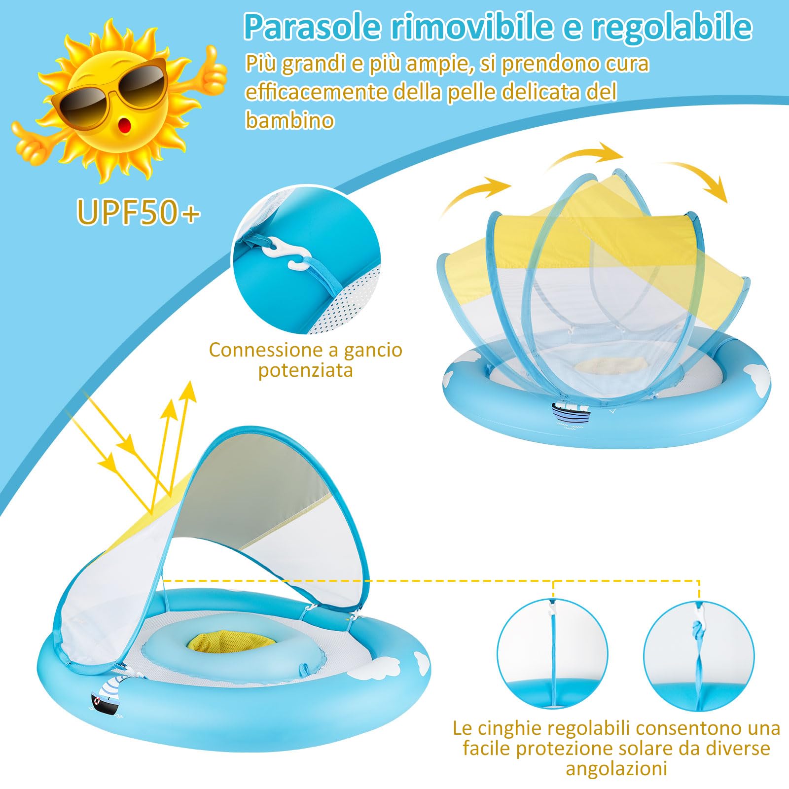 MYCARBON Salvagente Neonato 6 Mesi – 30 Mesi con Parasole Mutandina Regolabile Salvagente Bambini con Pompetta Galleggiante Ciambella per Mare Piscina