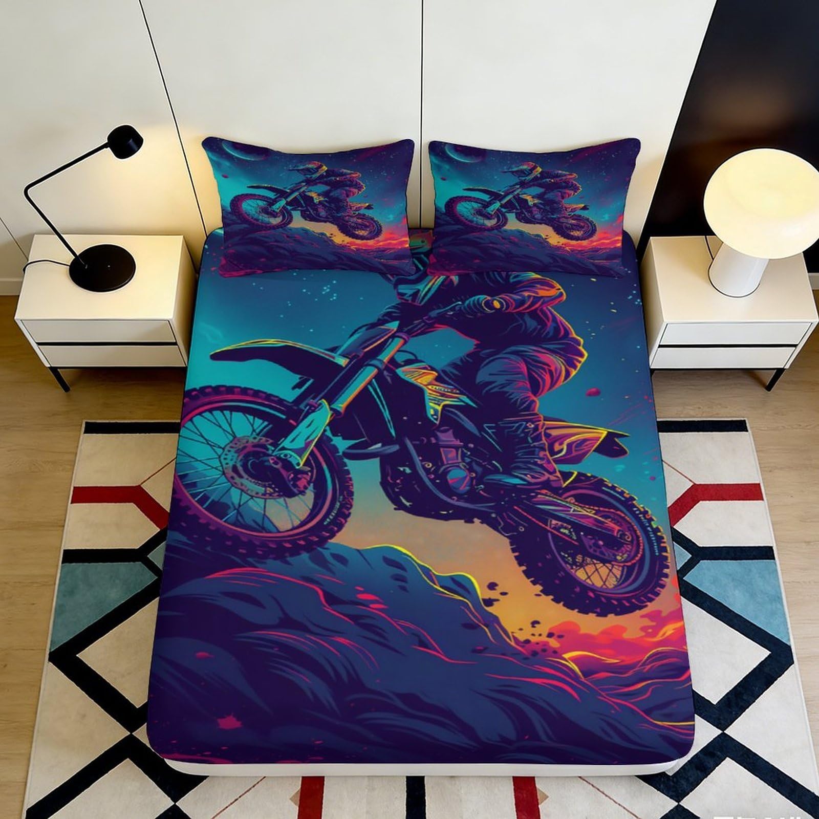 3D Printed Motocross Sunset Fitted Sheet Microfiber Soft Breathable Extreme Sport Bed Cover for Bedroom Dorm Decor 90x200x25cm