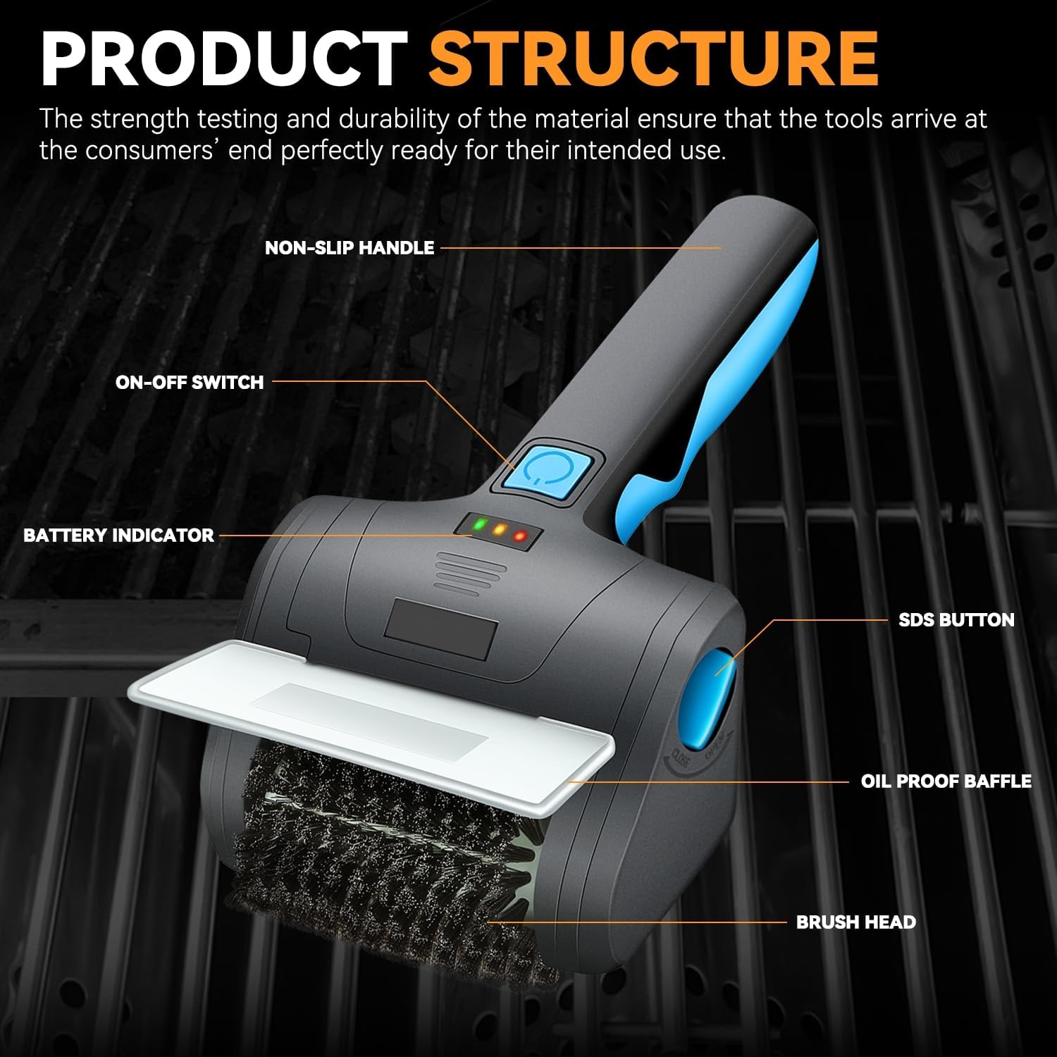 Auto Dynasty Cordless Electric Grill Brush, Rechargeable Cleaning Scrub Brush with Rotating Cleaner Brush Head and Type-C Charging Cable for Outdoor, Blue/Black