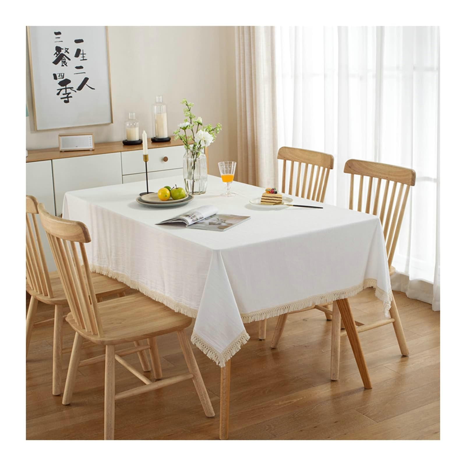 Gualiy Manteles Cuadrados Restaurante, Algodón Mantel de Mesa Tela 140x180CM Manteles Mesa Antimanchas Color Sólido con Borlas Manteles para Mesa de Cocina, Blanco