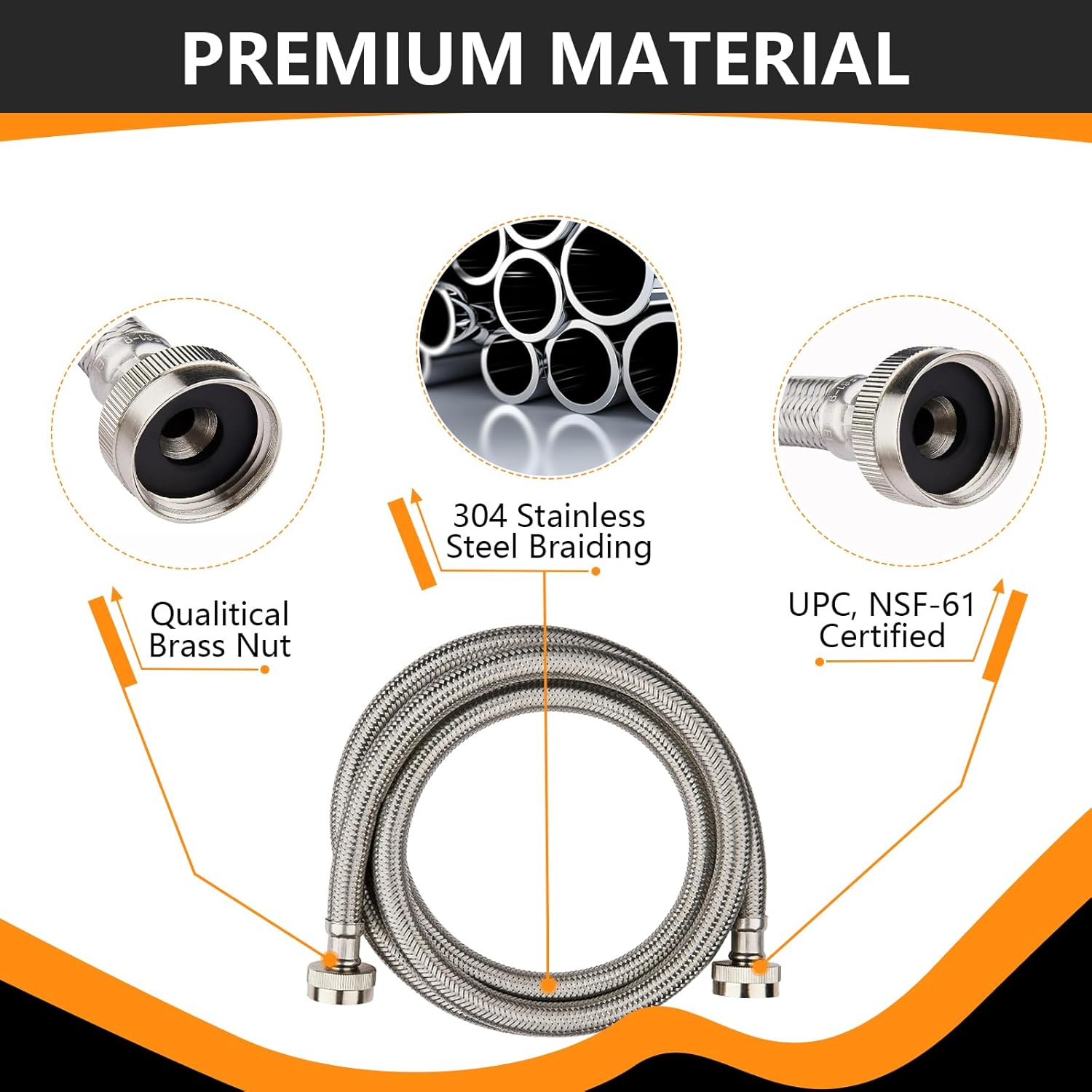 10-Pack HeSun 6 Ft Washing Machine Hose, 3/4" FHT Stainless Steel Washer Hose, for Hot and Cold Water Supply Lines (6 Ft)(HOSE009-10)
