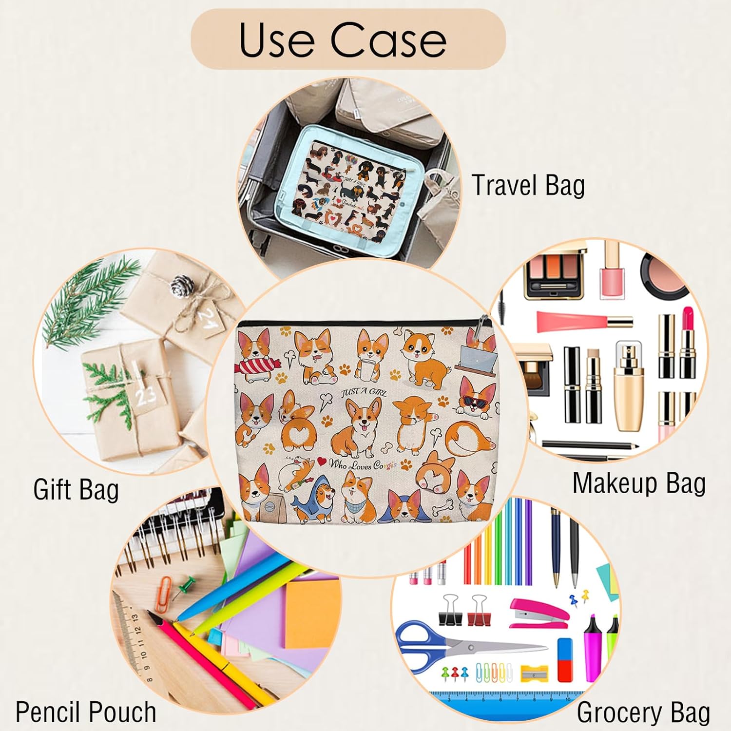 Corgi Makeup Bag for Women - Lightweight Travel Pouch with Lining, High-definition, Double-Sided Printed, Funny Corgi Gift Bags for Birthday & Christmas Gifts - Image 4