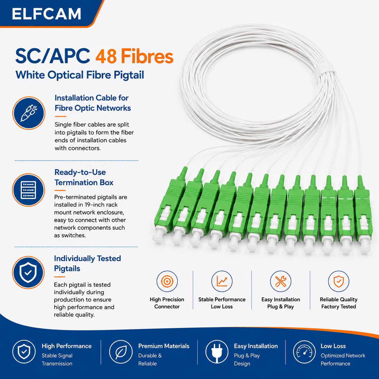 Elfcam - Pigtail in fibra ottica SC/APC monomodale Simplex 9/125um OS2 0,9 mm 1 metro (confezione da 48, bianco)