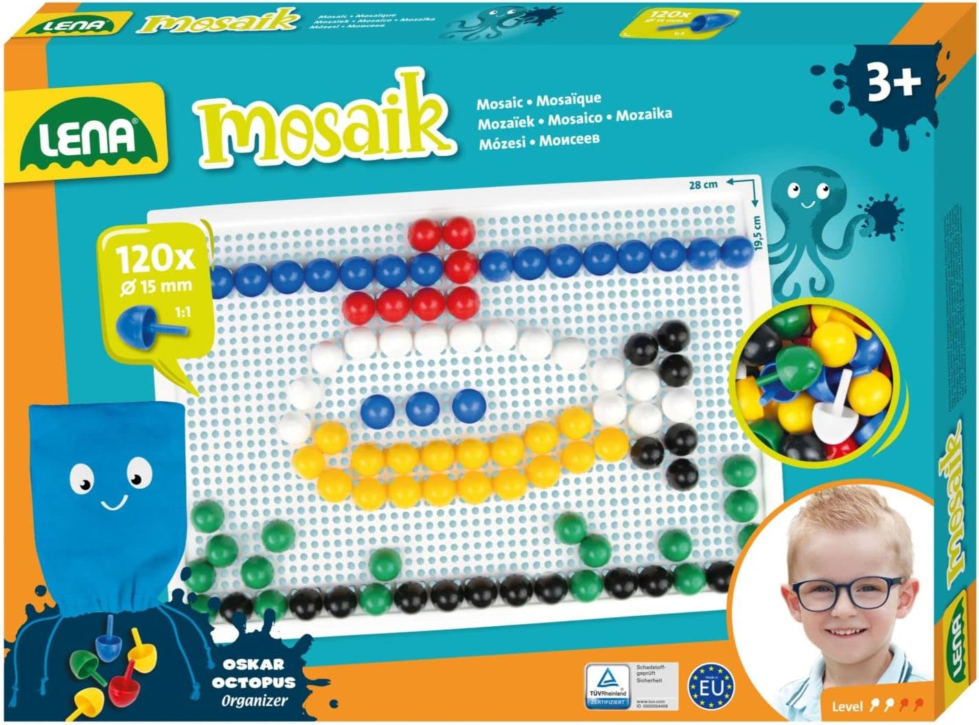 Lena 35629 Mosaic Plug-In Game Set, Mosaic with 120 Plugs, Mosaic Plug Diameter 15 mm, Mosaic Game for Children, Complete Set with Pegboard Approx. 28 x 19.5 cm and Organiser, Colourful,