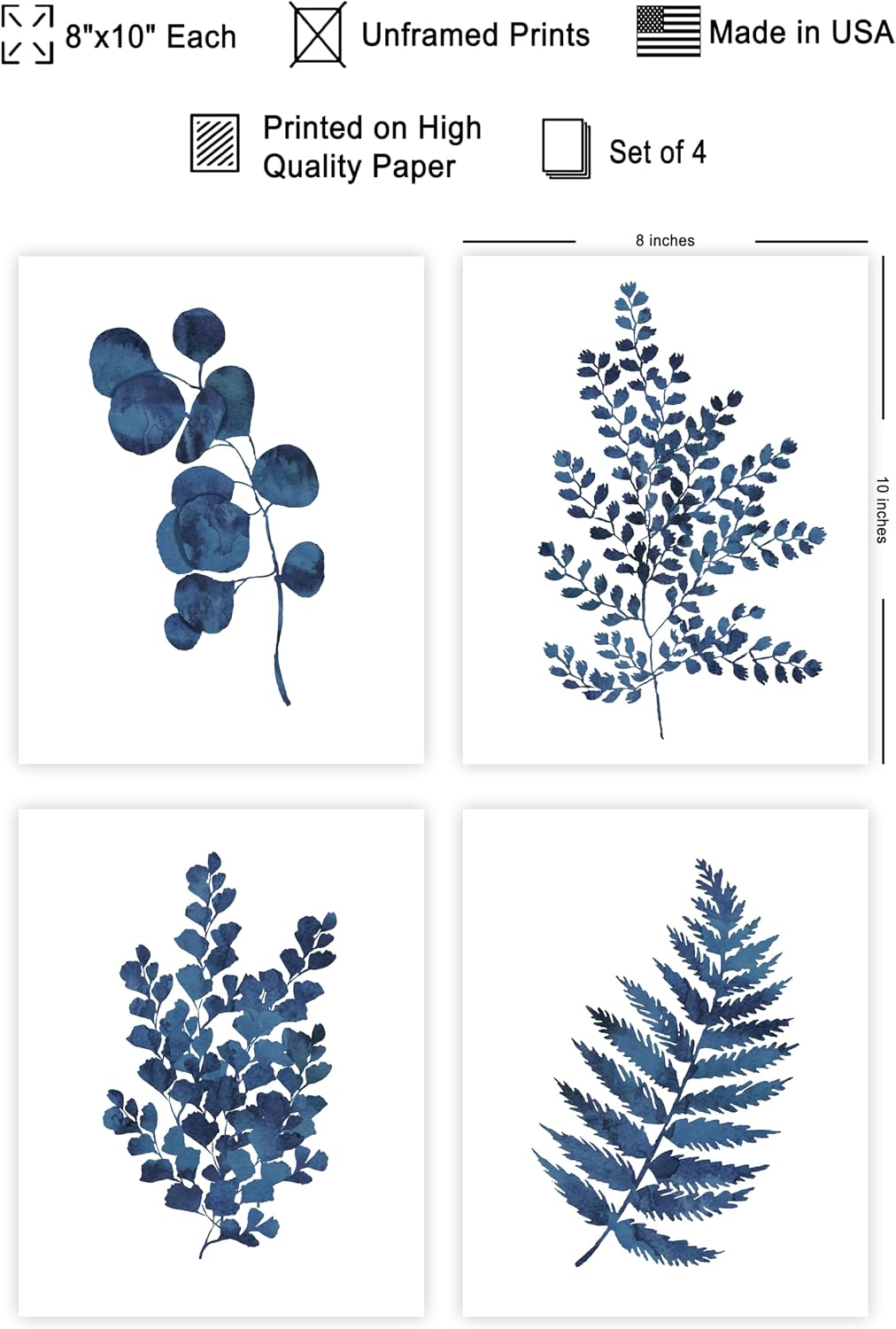 Poster Master 4-Piece Blue Leaves Poster - Botanical Print - Watercolor Art - Trendy Art - Gift for Men & Women - Abstract Wall Decor for Bedroom, Living Room or Kid's Room - 8x10 UNFRAMED Wall Art
