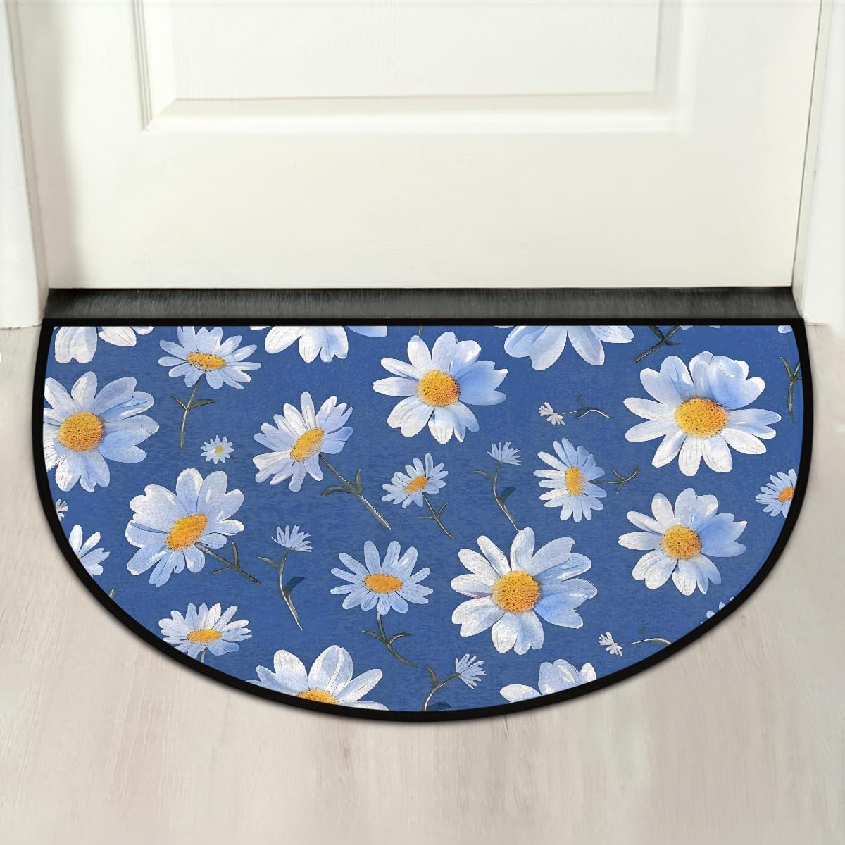 Half Round Door Mat Flower Daisy Blue White Half Moon Rug Washable Half Circle Area Rugs Indoor Entrance Non Slip Semi Circle Bathroom Rugs Floor Carpet for Kithen Bedroom Fireplace Decor