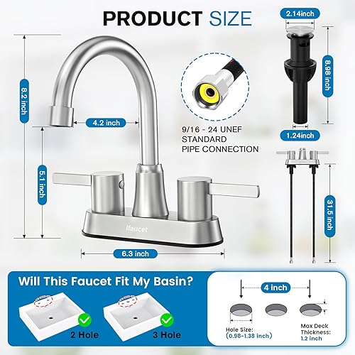 Miniatura 8 de Grifos de baño, grifo de baño de 3 agujeros, grifo para fregadero de baño, 4 pulgadas, 2 manijas centrales, sin plomo, con drenaje desplegable de