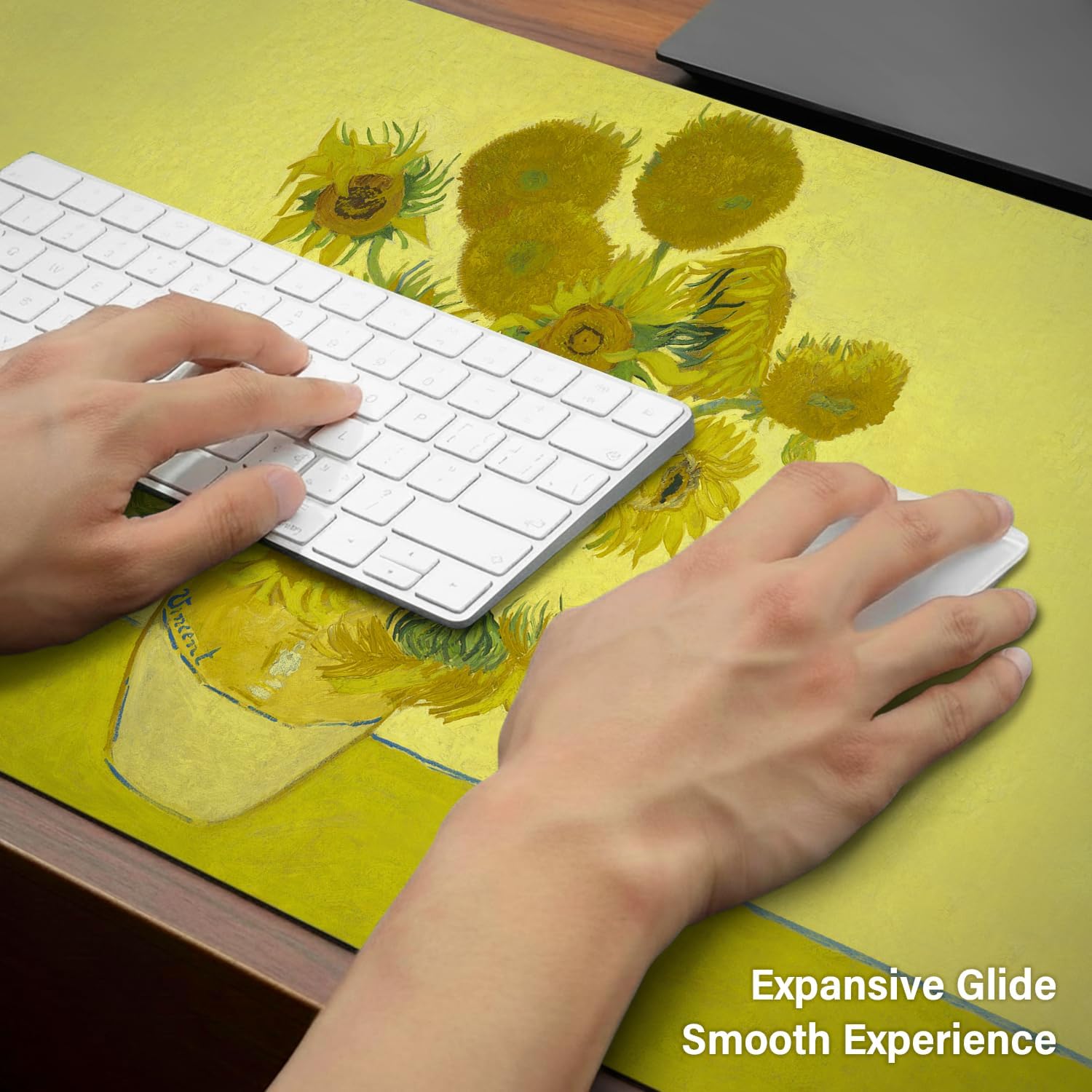 Large Mouse Pad,Extra Long and Thick Desktop Mouse Pad with Stitched Edges,Non-Slip Base,Waterproof Keyboard Pad for Gamers,Office and Home,Van Gogh-Sunflowers(35.4x15.7x0.12 Inch，90x40cm)