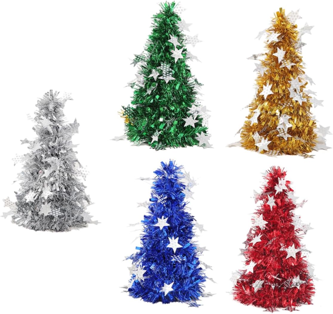 Alipis 5Pcs Mini Christmas Tree Metallic Tinsel Decorations with Pentagram Pendants for Tabletop Holiday Decor Shiny Silver Red Blue Green Ornaments for Parties and Home