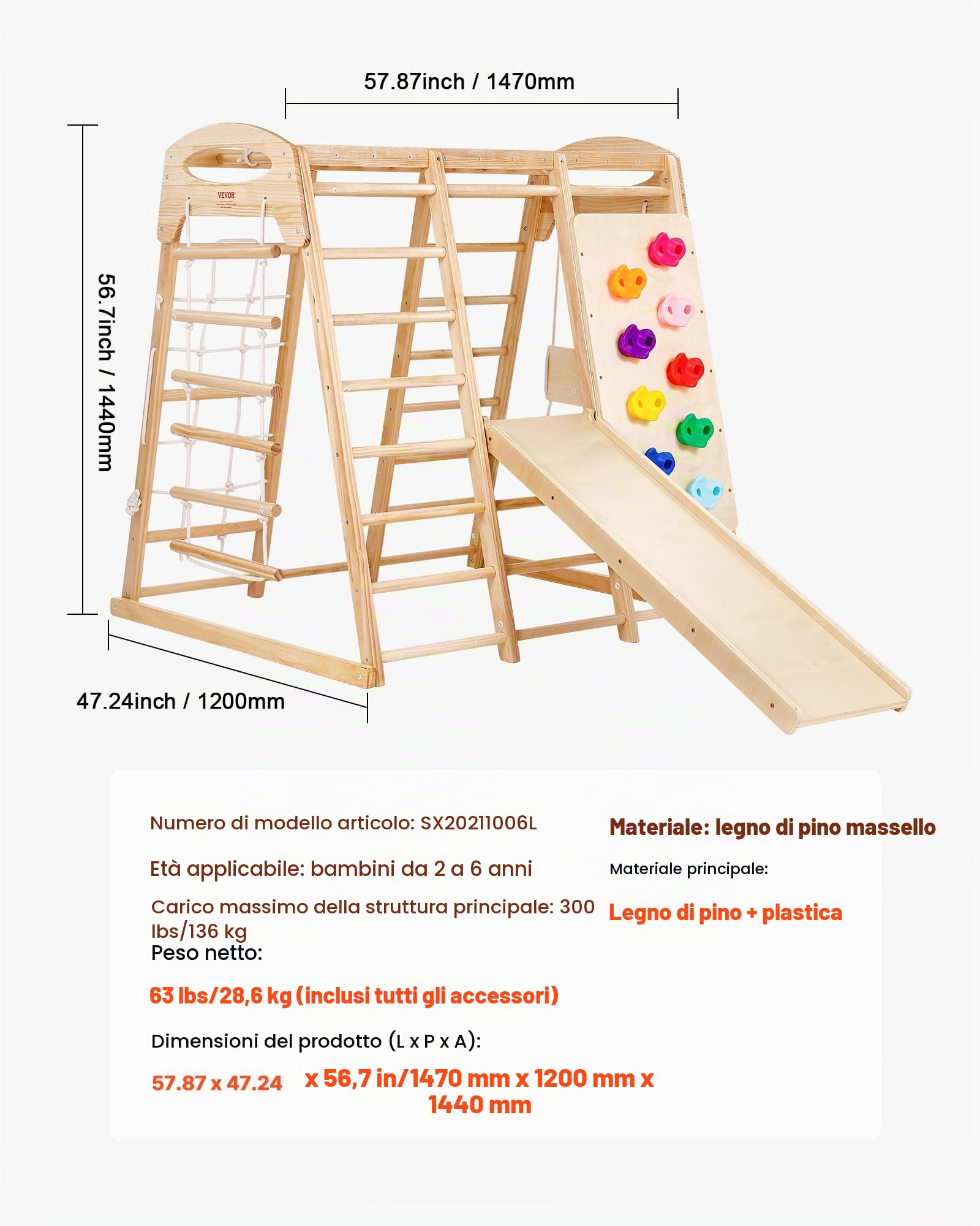 VEVOR Struttura da Gioco Interna 7 in 1 per Bambini, Palestra Multifunzionale con Scala in Legno e Corda Altalena Sbarra Scivolo Parete da Arrampicata, per Divertimento al Coperto con Più Bambini