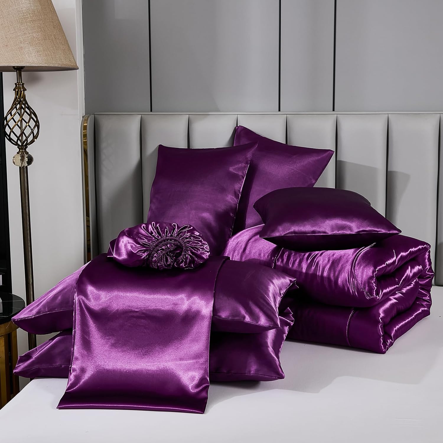 Satin Comforter Set with Sheet Set Queen Silk Like Satin Bed in a Bag 8 Pieces Luxury Silky Bedding with 1 Comforter, 1 Flat Sheet, 1 Fitted Sheet, 4 Pillowcases, 1 Cushion Cover (Queen, Purple)