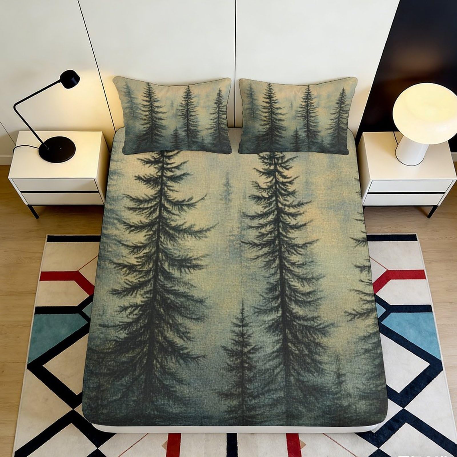 3D Printed Pine Tree Fitted Sheet Microfiber Soft Breathable Forest Mattress Cover for Bedroom Dormitory Guest Room Mattress Protection Decor 180x200x25cm