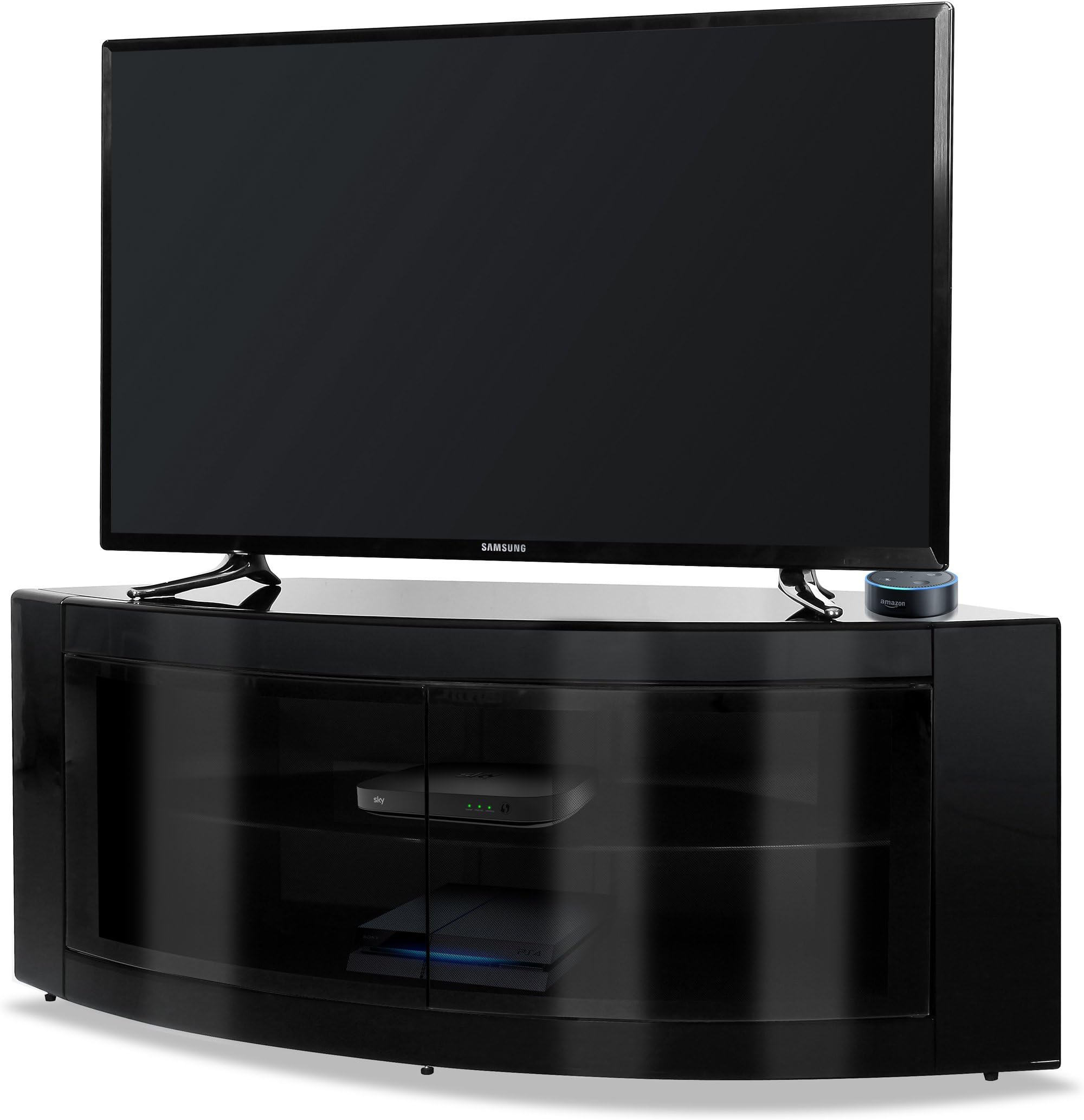 Homeology PANGEA Gloss Black Beam-Thru Curved Tru-Corner 32"-55" TV Cabinet