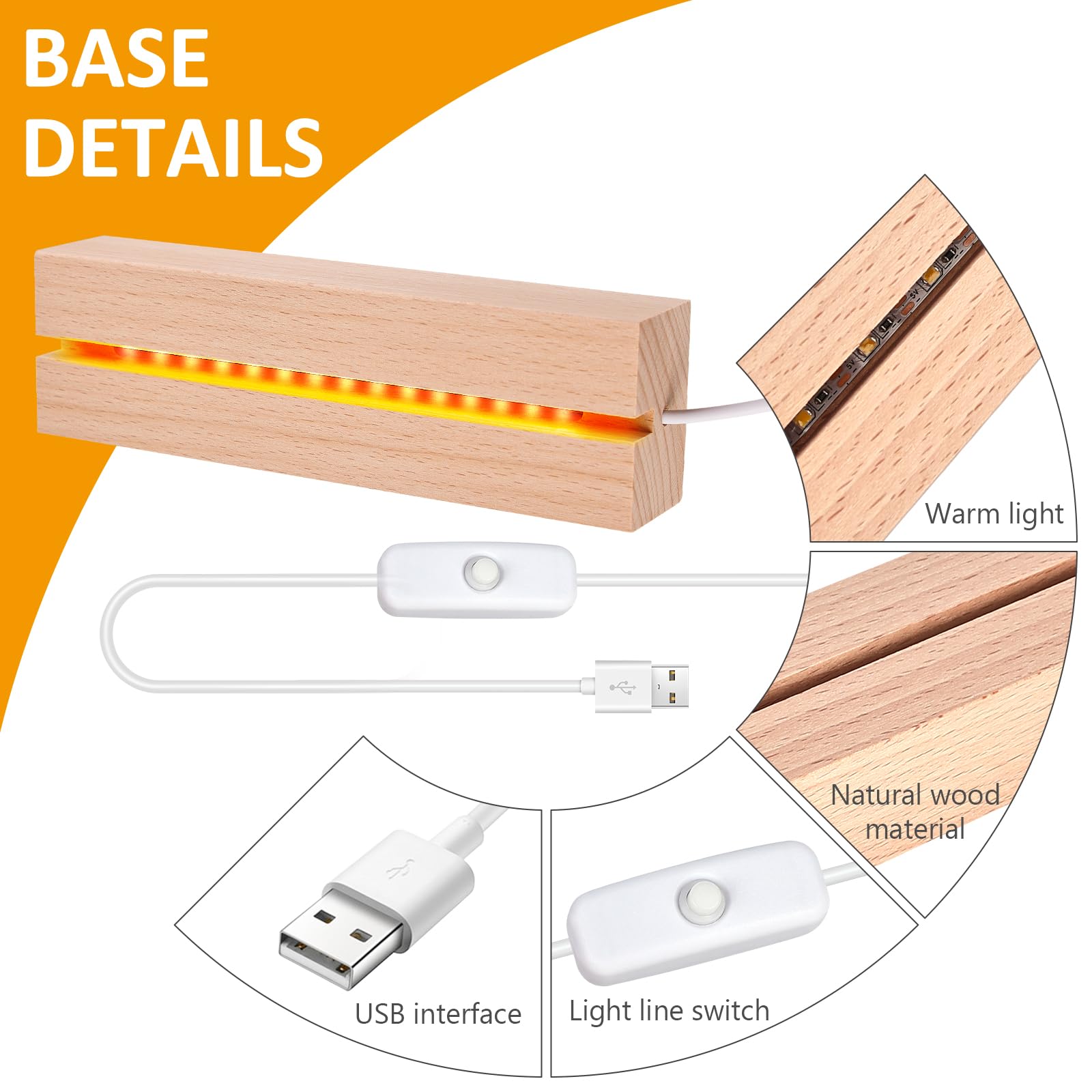 4 pezzi base a LED in legno, base in legno a LED, base luminosa a LED, con colori caldi, base in legno USB, base rettangolare illuminata in legno, per blocchi di vetro