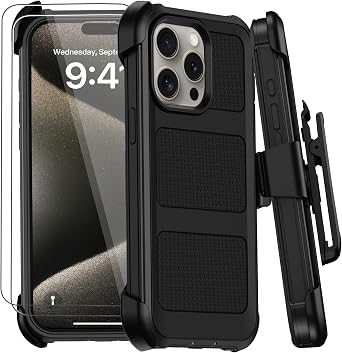 for iPhone 15 Pro Max Case with Belt Clip Holster,Military Grade Anti-Drop Shockproof Defender Phone Cases 2X Screen Protectors,2 Layers Rugged Heavy Duty Protective Bumper Cover Black