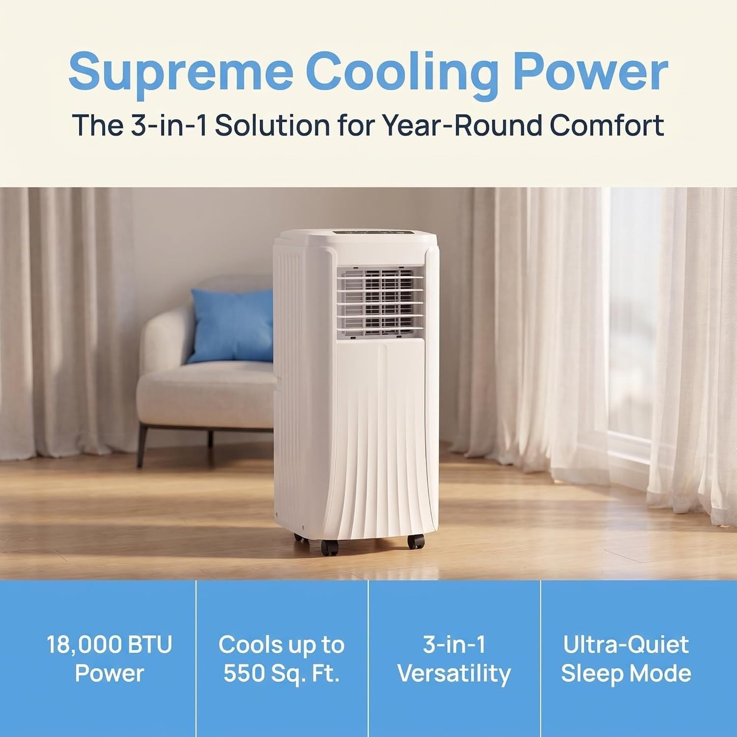 Aire Acondicionado Portátil 10000 BTU Silencioso, Enfriador de Habitación con Mando a Distancia, Ventilador con 3 Velocidades, Deshumidificador y Manguera de Ve, Style 3, 12000 BTU