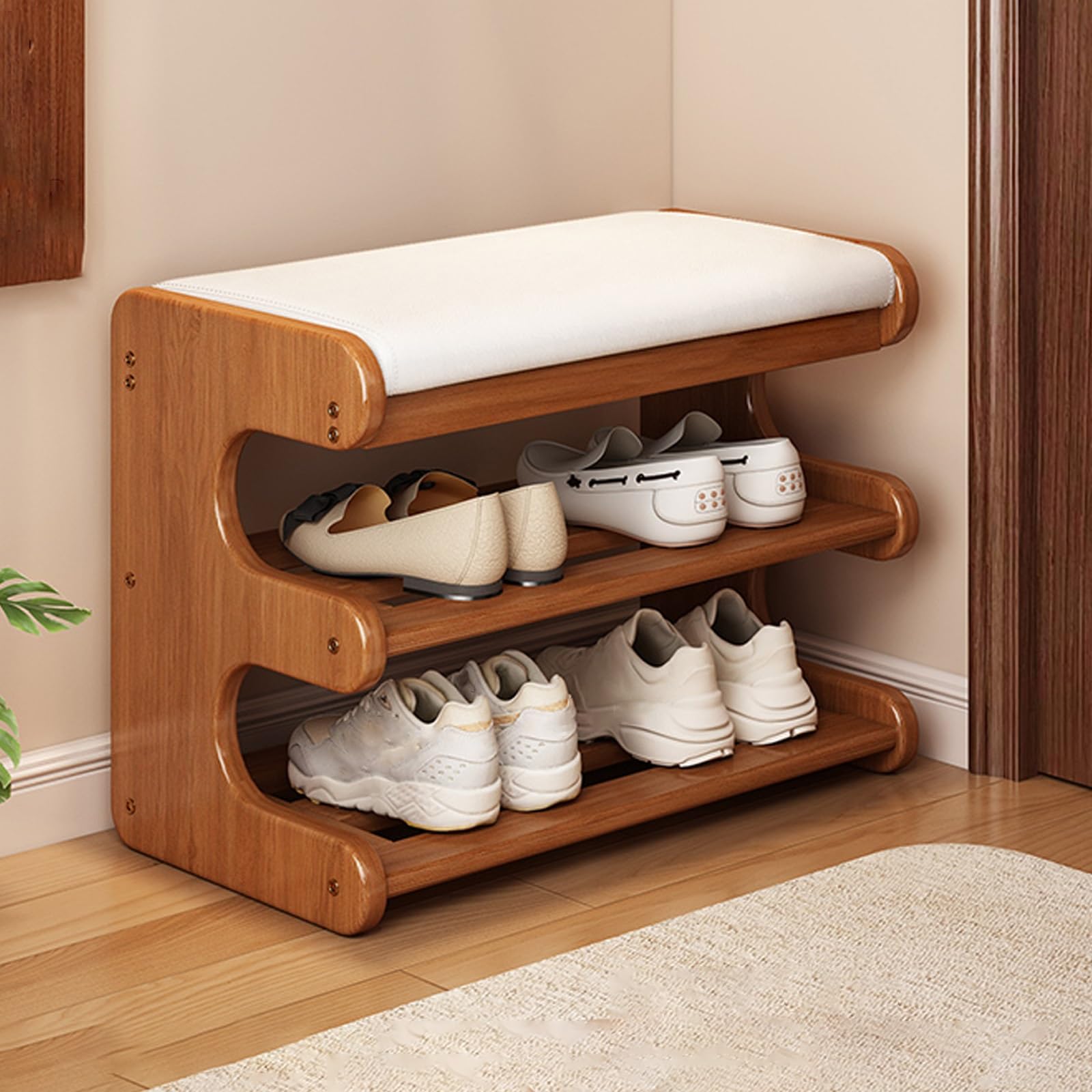 Rangement chaussures compact : banc à chaussures en bambou 2 niveaux pour optimiser l'entrée
