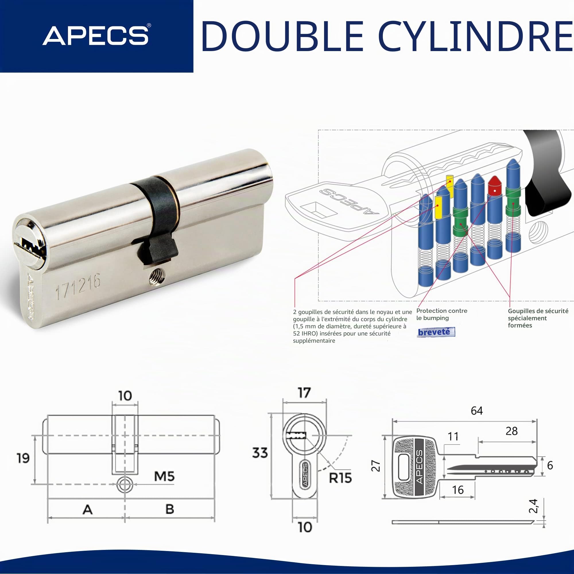 APECS SM-80(35/45) - Cylindre de serrure pour porte de maison, avec 5 clés, modèle SM-80 (35/45), Argent, Bronze