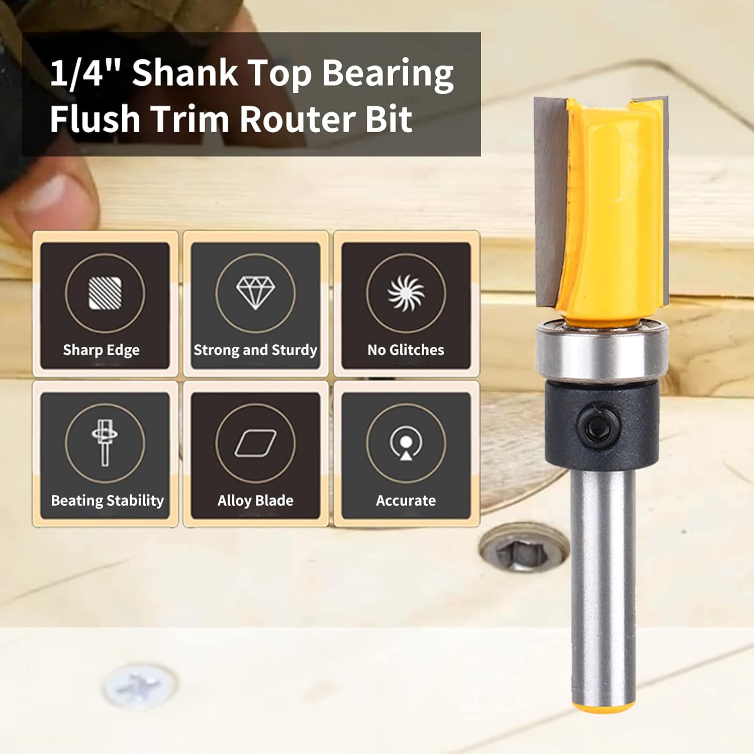 Flush Trim Router Bit 1/4 Inch Shank Straight Blade Flush Trim Pattern Template Router Bit Top Bearing Flush Trim Bit for Woodworking Trimming Three-Dimensional Clearance Angle