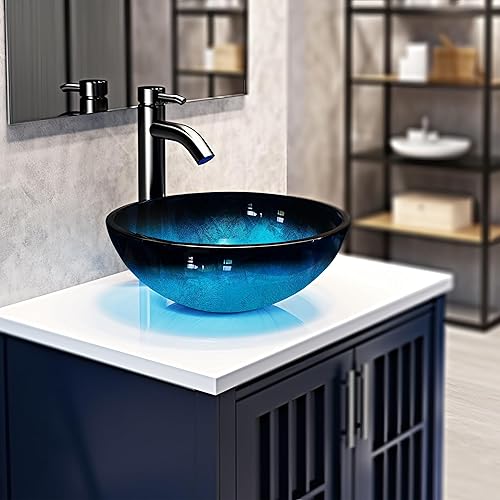 Miniatura 6 de Fregadero de baño de 12 pulgadas, lavabo de vidrio templado, cuenco redondo con grifo combinado, azul