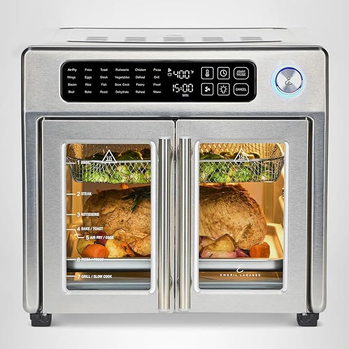 Emeril Lagasse Extra Large French Door Air Fryer Toaster Oven Combo, 24 Cooking Functions and Digital Controls, 7 Accessories Included, Stainless Steel Finish, 26QT Capacity