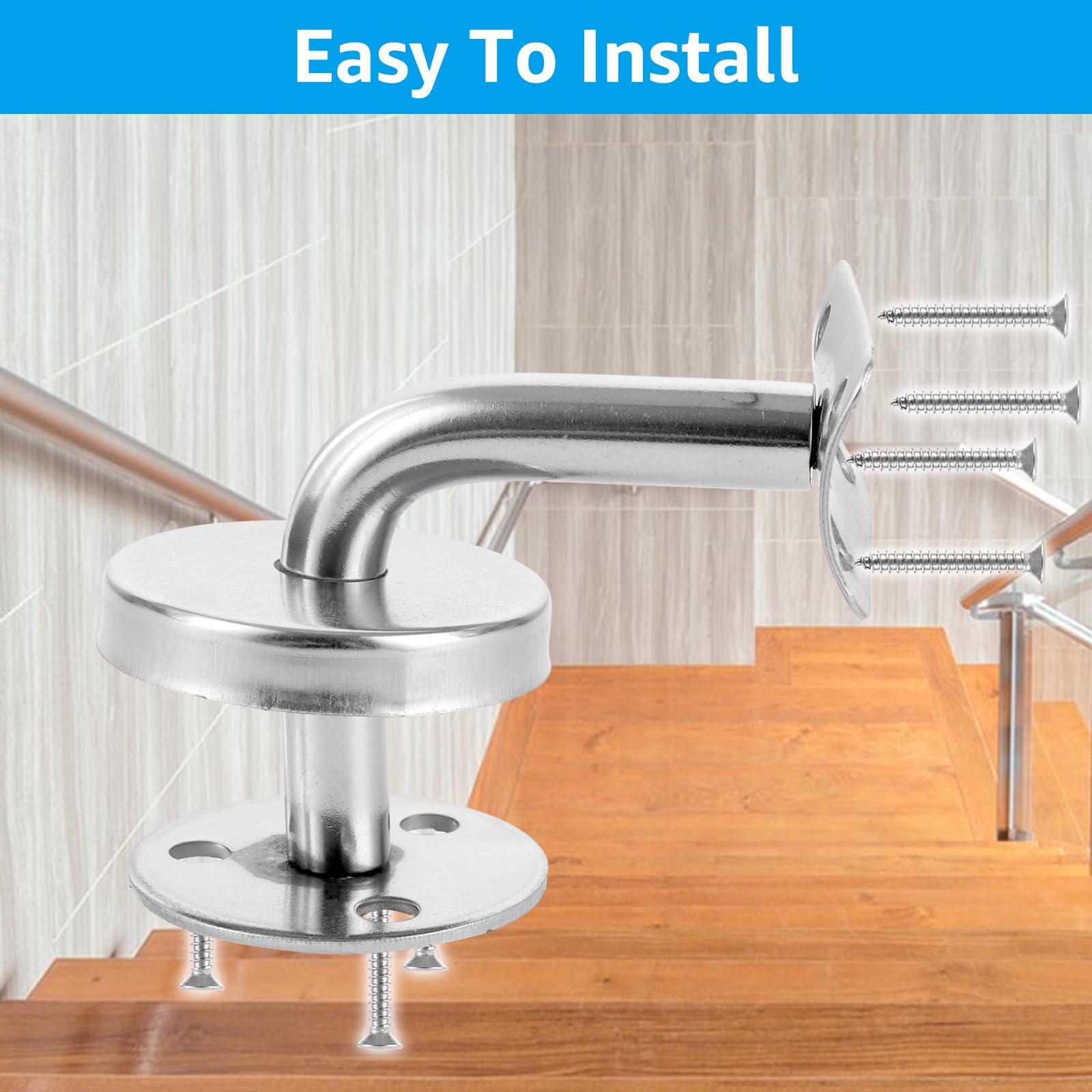 6 soportes para pasamanos de acero inoxidable, 60 x 60 mm, soporte de pared, soporte para pasamanos con roseta, soporte de pasamanos plateado para pasillos, escaleras y baños