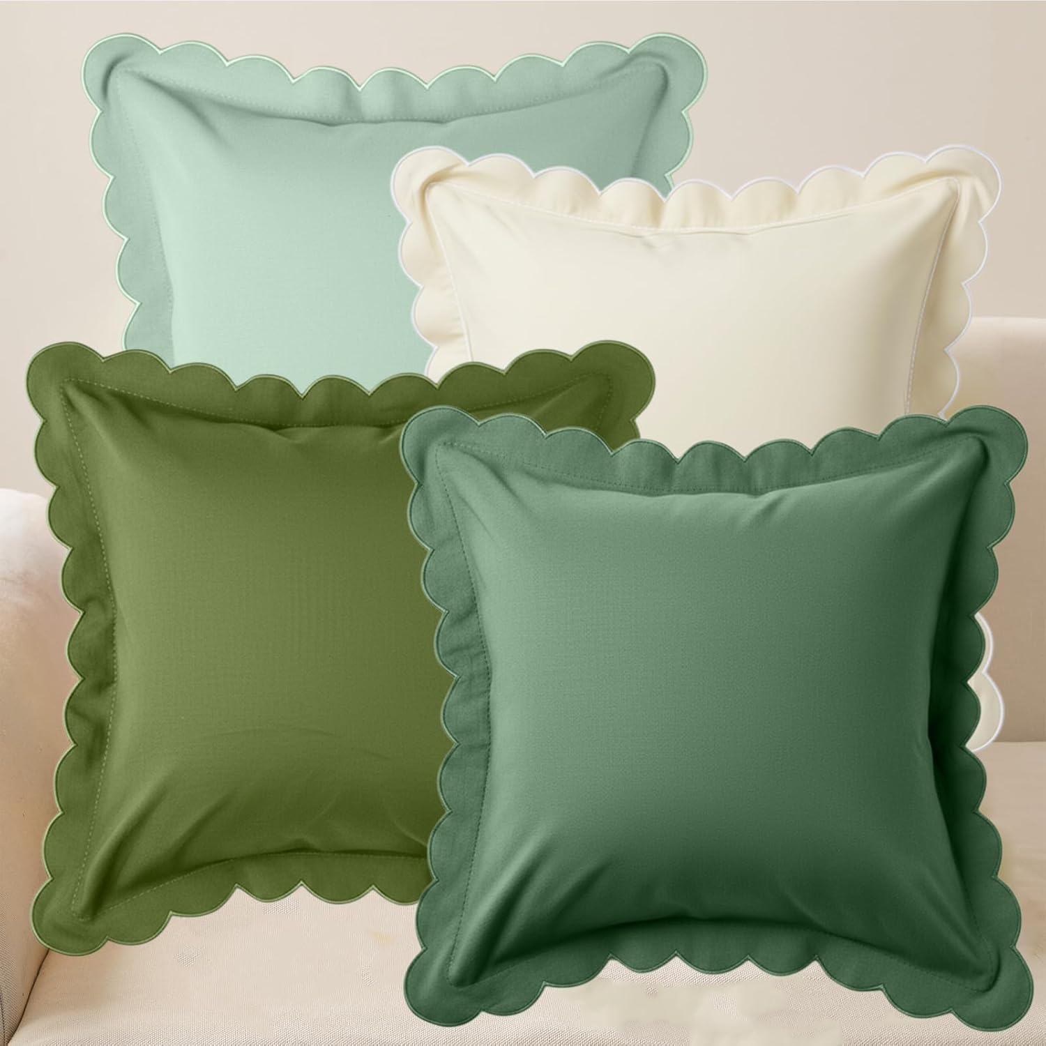 4 Pcs Sage Green Decorative Pillows 100% Cotton Scalloped Throw Pillow Covers 18" x 18" Green and White Euro Sham Cushion Case Modern Accent for Wedding Gifts Couch Sofa Living Room Decor