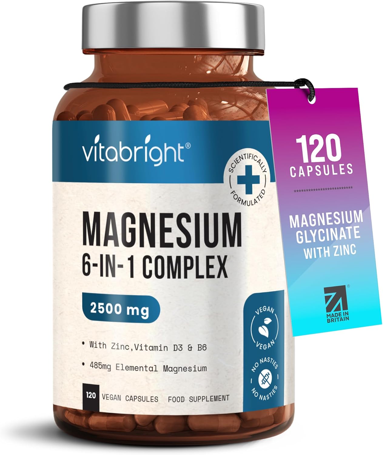 VitaBright Magnesium Glycinate Complex 6-in-1 | 2500mg~485mg Elemental | 120 Caps | Glycinate Tablets & Zinc, Vitamins B6 & D | High Strength Magnesium Supplements for Women/ZMA Supplements for Men