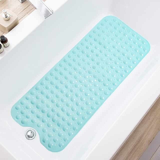 TEESHLY Bathtub Mats for Shower Tub Extra Long Non-Slip Bath Mat, Shower Mat with Drain Holes and Suction Cups, Bath Tub Mat for Bathroom with Machine Washable (Aqua)