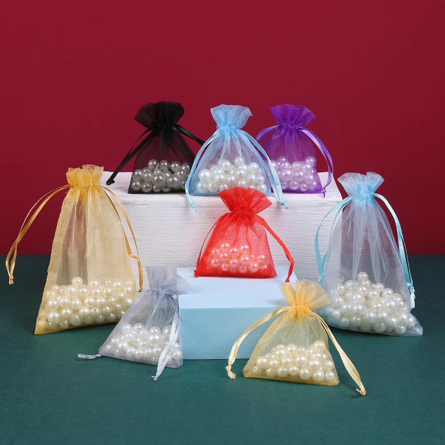 50 Sacchetti Organza 10x15 Cm - Con Coulisse In Raso - Per Matrimoni, Regali, Caramelle - Colore Verde Erba - Riutilizzabili - Foto 5