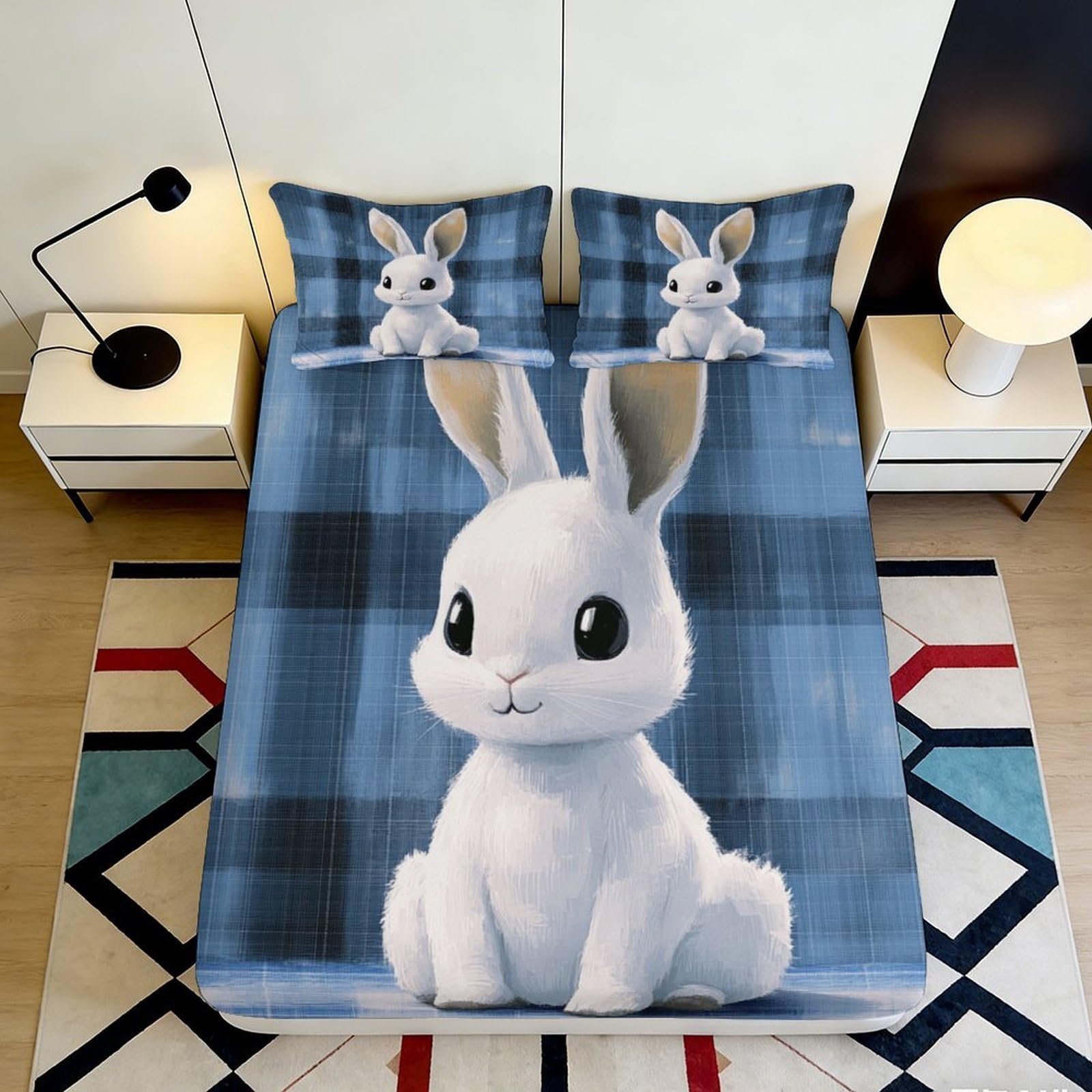 3D Printed Cartoon Bunny Fitted Sheet Microfiber Soft Plaid Blue Mattress Cover Bedroom Dorm Decor 90x200x25cm