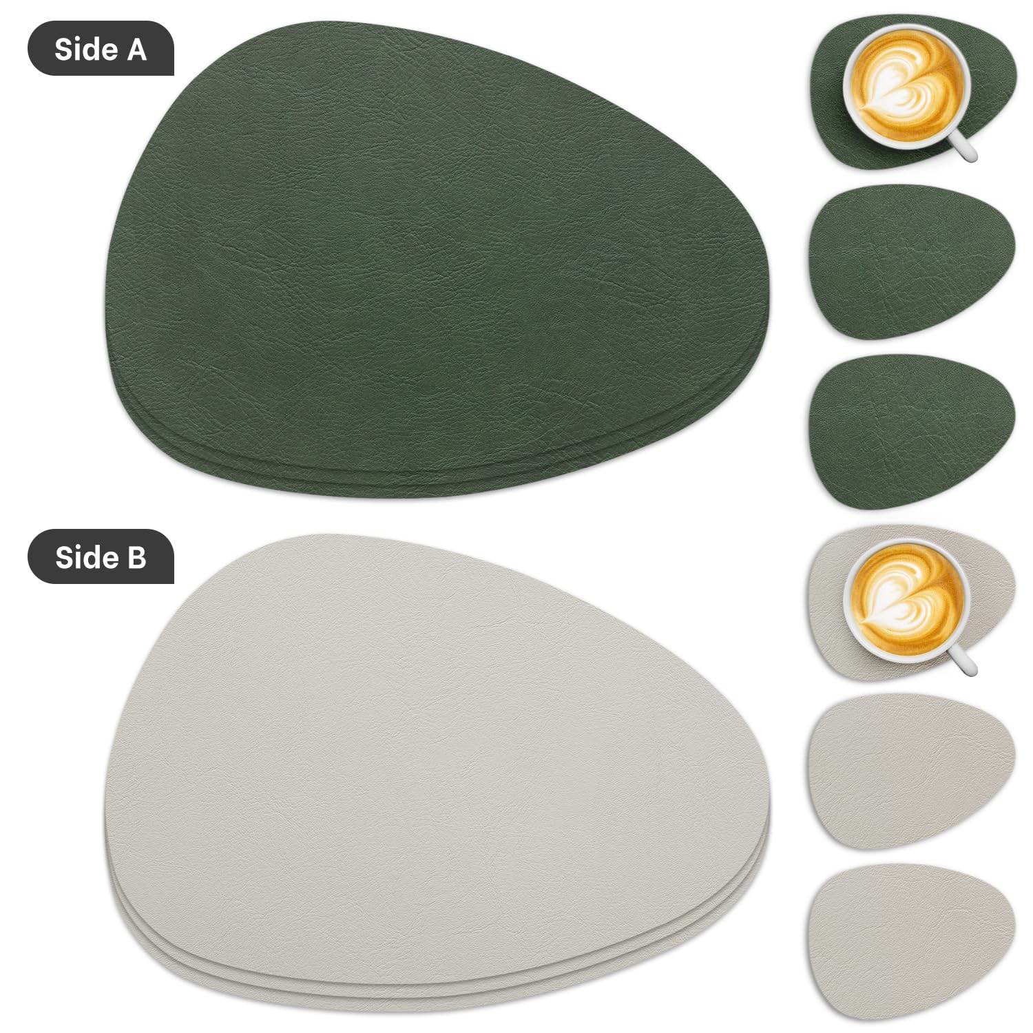 YIHELU Placemats, afwasbaar en onderzetters, afwasbaar, dubbelzijdig bedrukt, kunstleer, vuilafstotend en antislip, placemats voor eetkamer (kaki/kaki, ovaal, set van 6