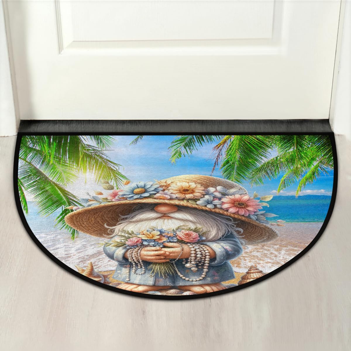 Half Round Doormat Non-Slip Washable Beach Flower Gnome Semi Circle Rug Soft Absorbent Half Moon Mat for Indoor Outdoor Entrance Kitchen Bathroom Sink Patio Welcome Fireplace Floor Rug