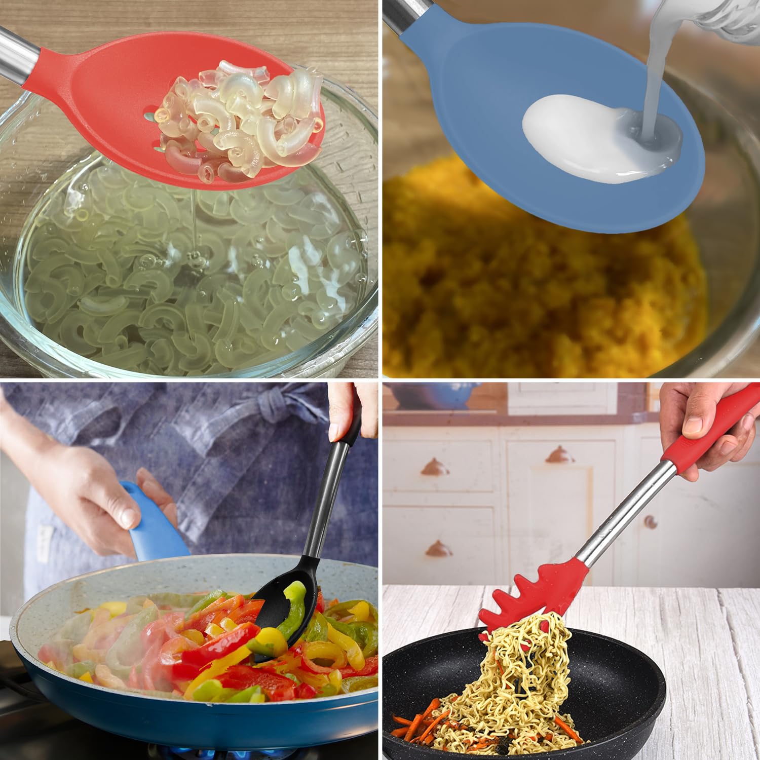 Espátula de silicona y cuchara de cocina, paquete de 5 cucharas y espátulas sólidas y ranuradas de silicona resistente al calor para cocina, mango de acero inoxidable recubierto con silicona,