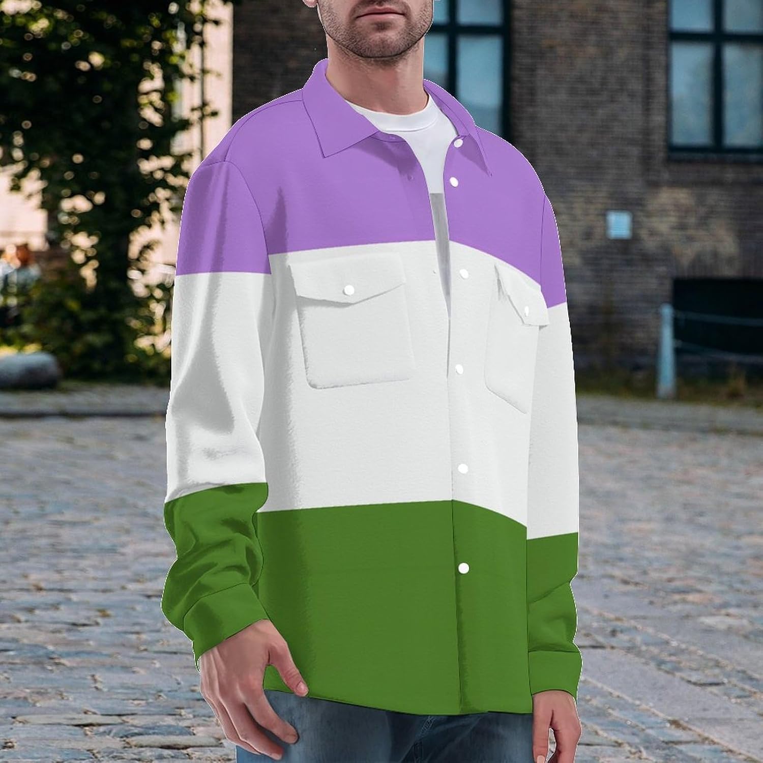 Genderqueer Flag Men's Shirts Casual Jacket Long Sleeve Coat Novelty Outwear Tops