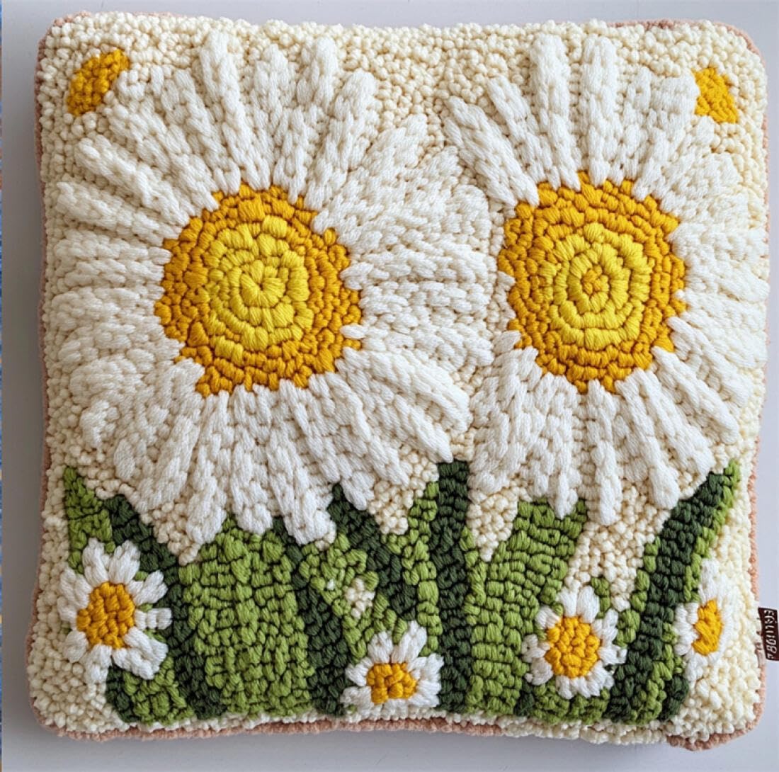 Kitquiver Latch Hook Cushion Kits Cartoon Daisy DIY Latch Hook Kits Pillow Needlepoint Cushion Kit for Home Décor Needlework Set for Adult Beginners 17x17In