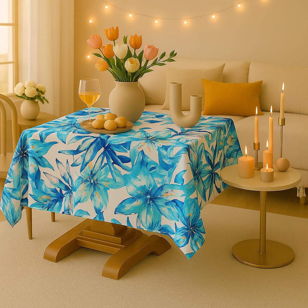 WWW.THROWPILLOW.IN Blue Leaves Print Boho Printed Dining Table Cover Square Shape 43"x 43", Anti Skid Table Cloth for 20x20-30x30 Center Table, Coffee Table|Living Room Diwali Decor 1