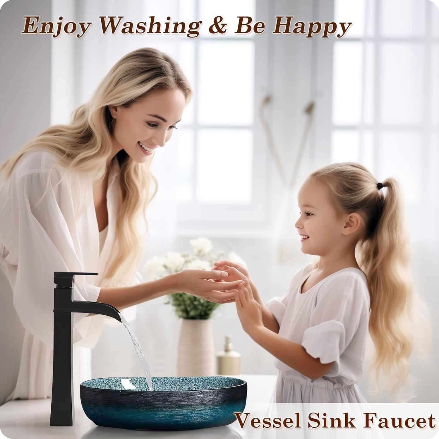 Vessel Sink Faucet Black, 12 Inch Waterfall Tall Bathroom Faucet One Hole with Pop-Up Drain & Pre-Installed Hoses, Single Handle for Bathroom Sink Bowl Deck Mount, Modern, Brass Material - Image 2