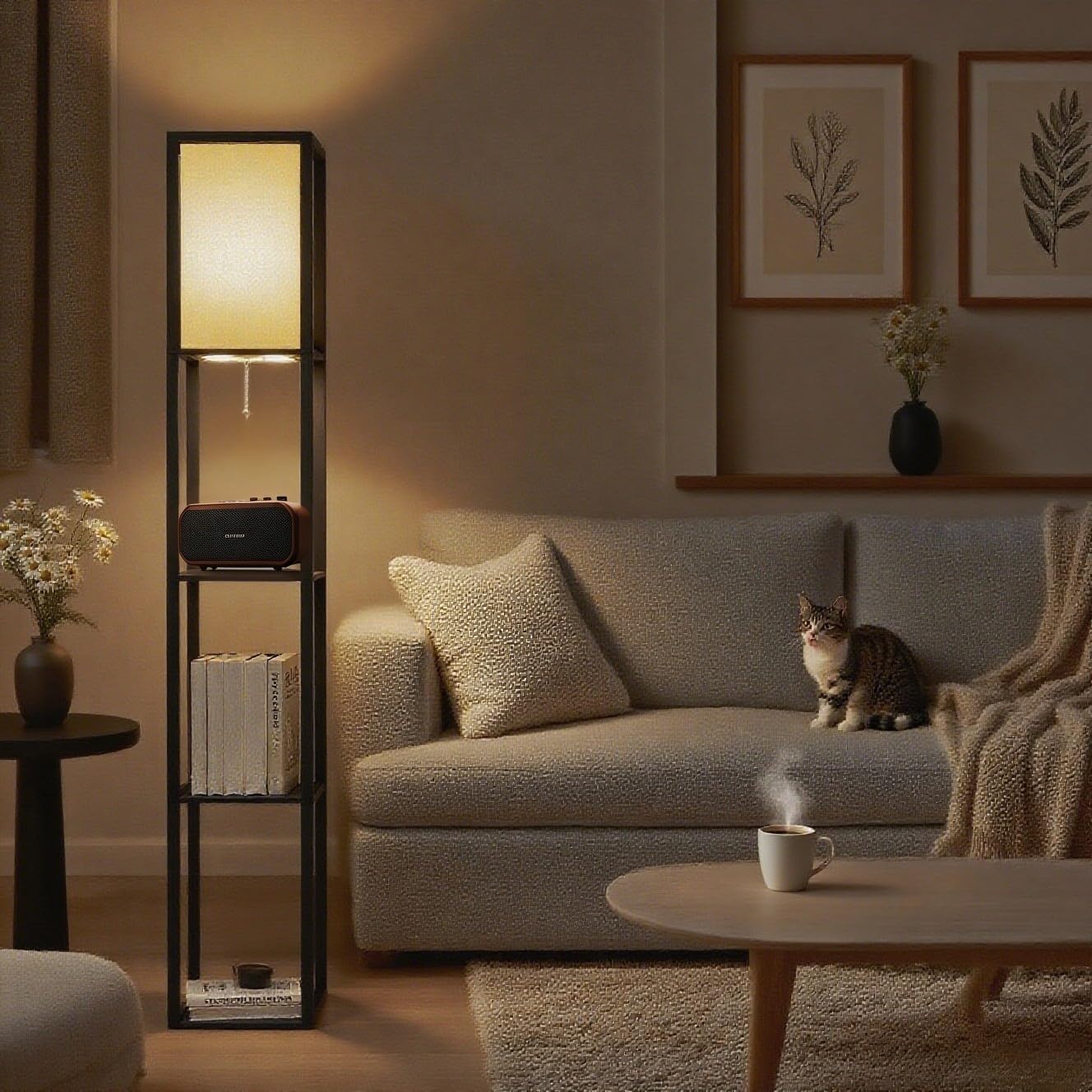 YU YUSING LED Lampada da Terra in Legno, 1,6 M Lampada a Stelo con 3 Ripiani e Base E27, Lampada da Comodino con Scaffale Paralumi per Camera da Letto Soggiorno Uffici (Nero)