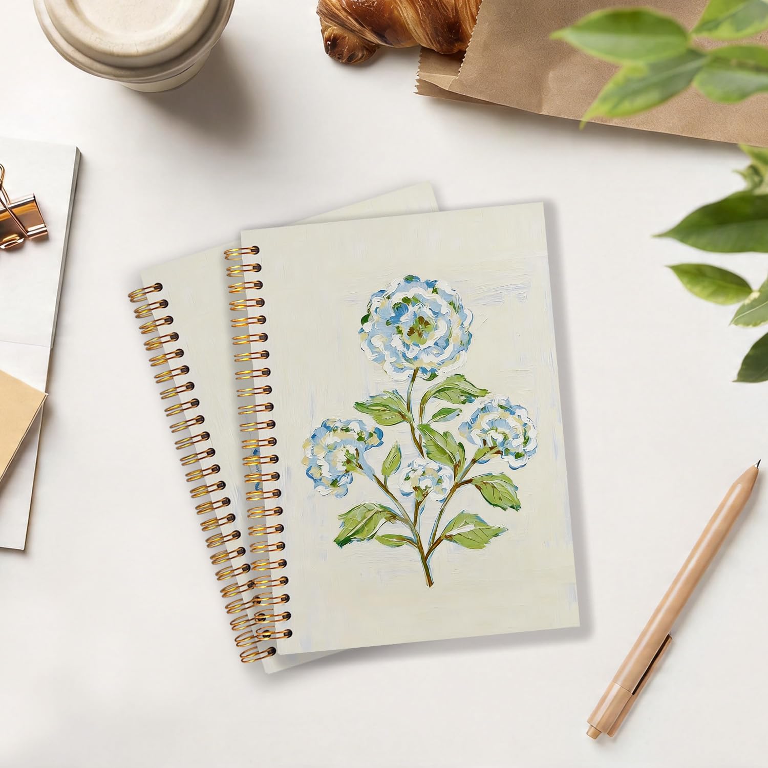 Blue and Green Botanical Floral Spiral Notebook Journal, Grandmillennial Hydrangea Flower Hardcover Notebook Journal for School Office Work Supplies 5.5x8.3 Inch image 2