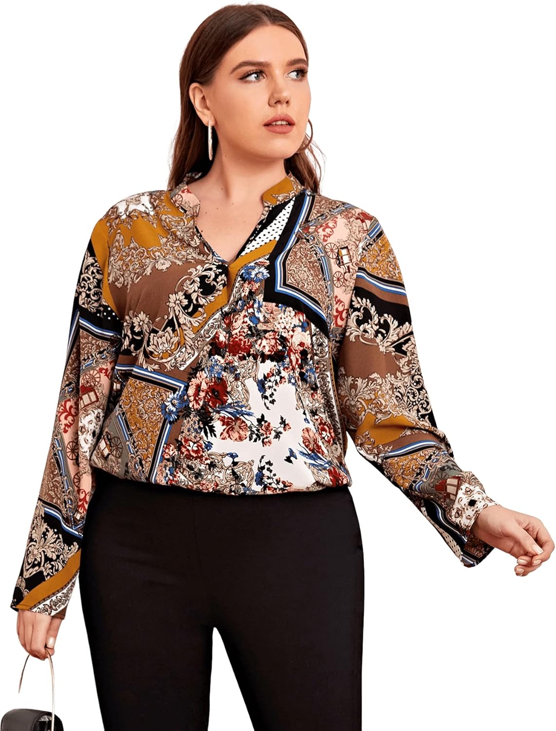 SOLY HUX Women's Plus Size Long Sleeve Notched Neck Chain Print Work Blouse Top at  Women’s Clothing store